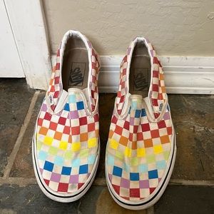 Rainbow checkered slip on vans. 8.5 women’s and 7.0 in men’s